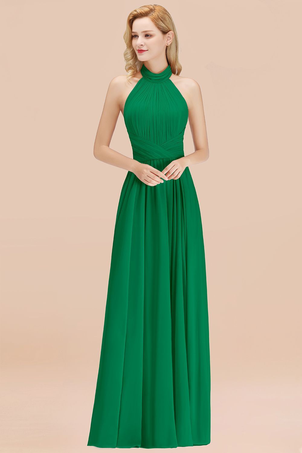 BMbridal Gorgeous High-Neck Halter Backless Bridesmaid Dress Dusty Rose Chiffon Maid of Honor Dress-BMbridal