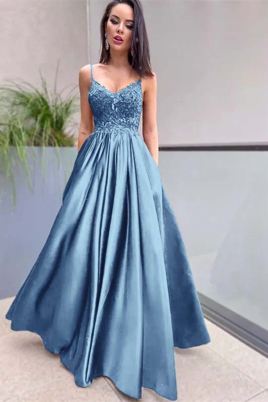 Royal Blue Sleeveless Lace A Line Long Prom Dress Appliques With Pockets