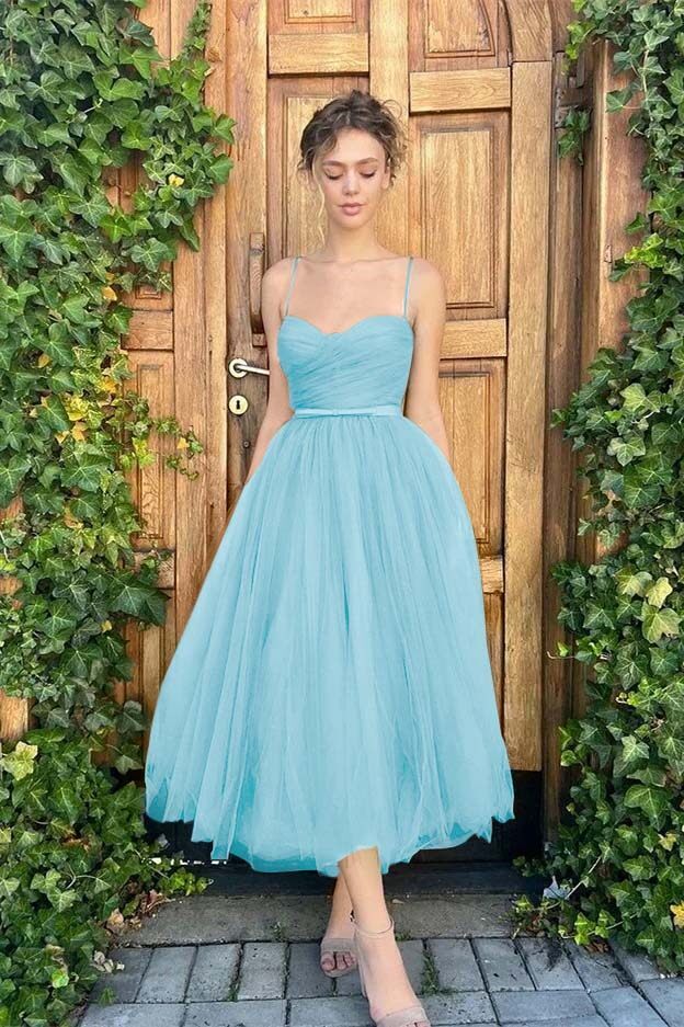 Tulle Spaghetti Strap Sweetheart Sleeveless Prom Dress With Belt