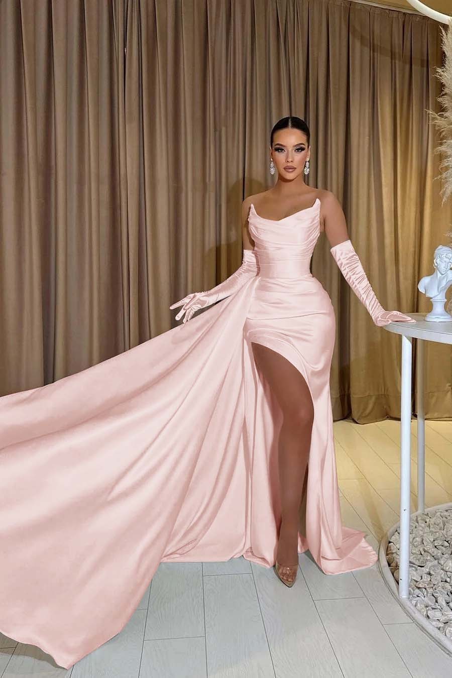 White Chiffon Strapless Sleeveless Split Mermaid Long Prom Dress With Gloves