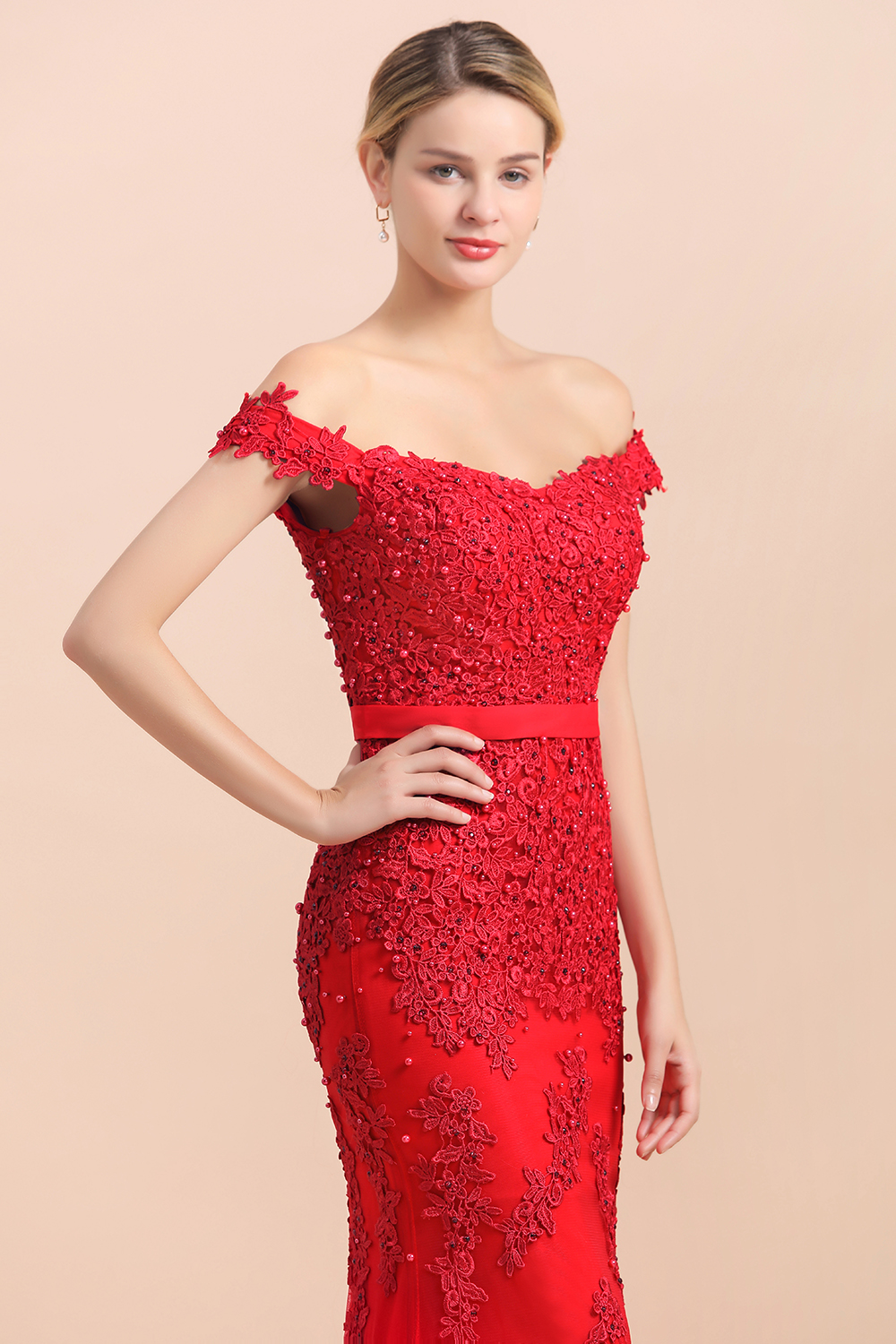 BMbridal Elegant Mermaid Off the Shoulder Red Lace Appliques Bridesmaid dresses-BMbridal