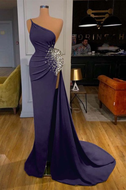 One Shoulder Sleeveless Mermaid Long Prom Dress Green Beadings With Split