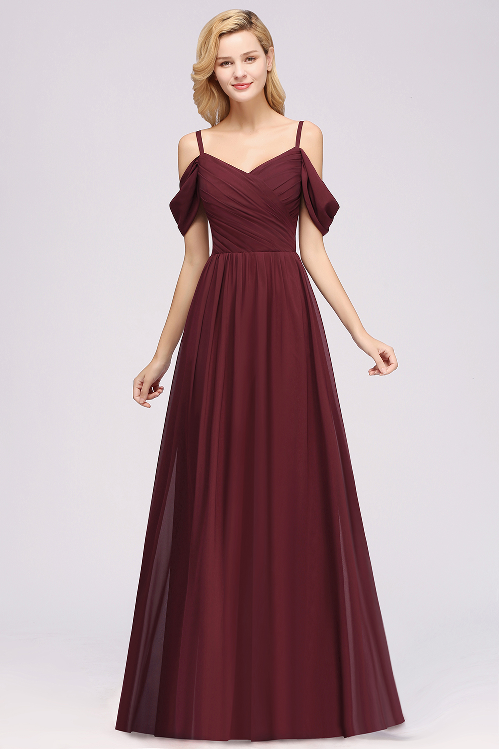 BMbridal Chic Off-the-shoulder Burgundy Bridesmaid Dress with Spaghetti Straps-BMbridal