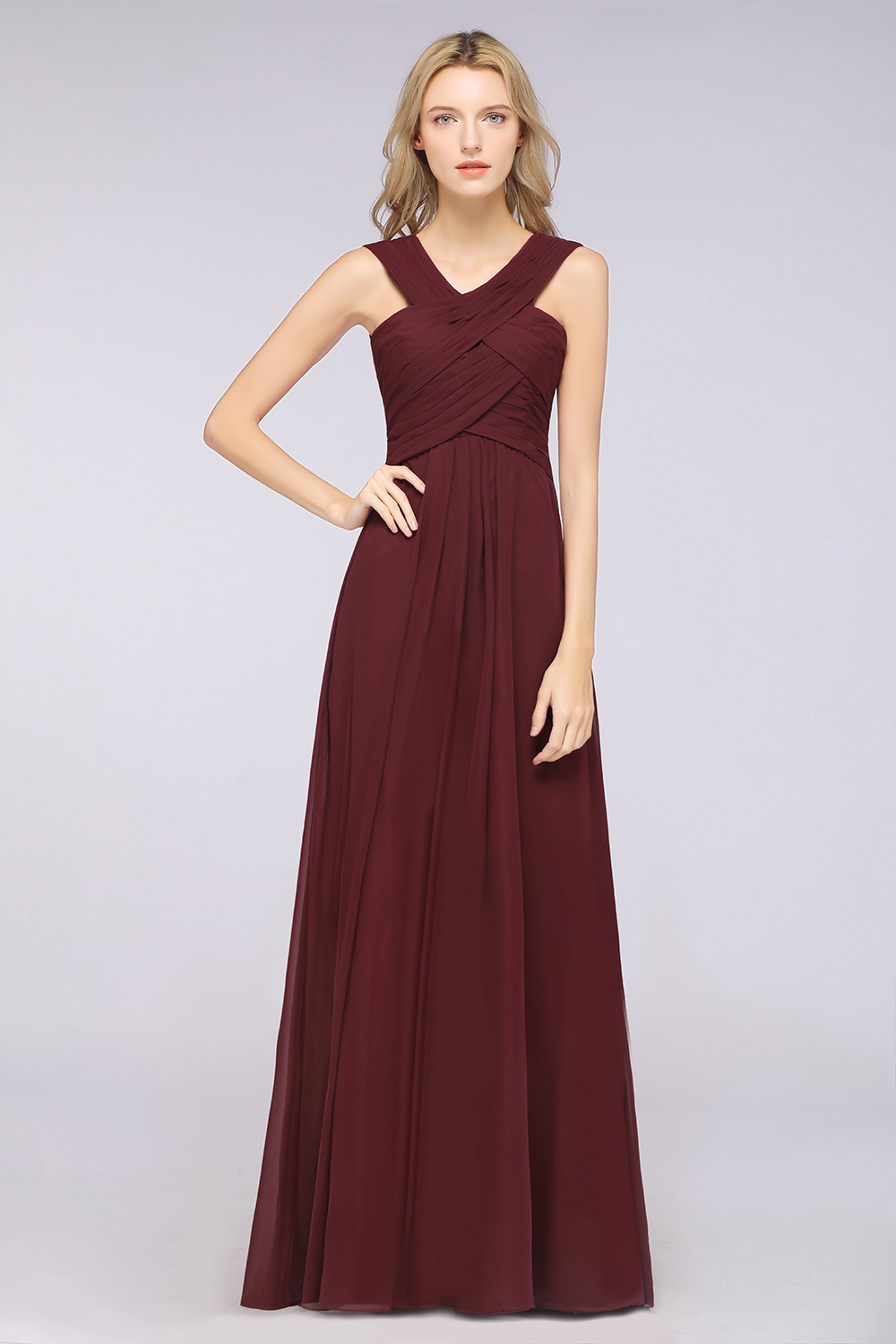 BMbridal Elegant Chiffon V-Neck Straps Crisscross Burgundy Bridesmaid Dress with Ruffle-BMbridal