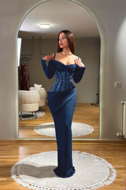 Off the Shoulder Long Sleeves Long Prom Dress With Sequins Pleated