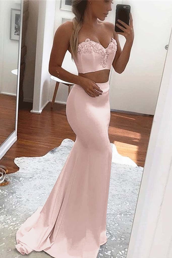 Two Pieces White Sweetheart Sleeveless Long Mermaid Prom Dress With Appliques