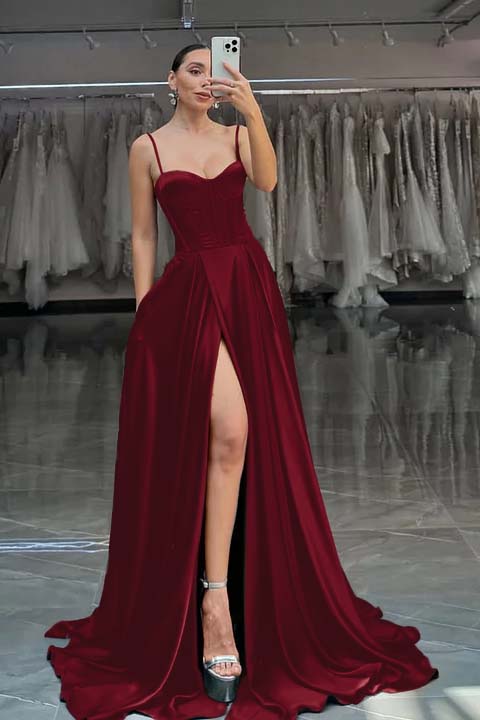 Spaghetti Strap Sleeveless Long Split Prom Dress With Pleated