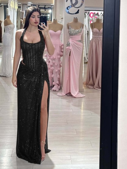 Sequins Halter Sleeveless Long Mermaid Prom Dress With Split