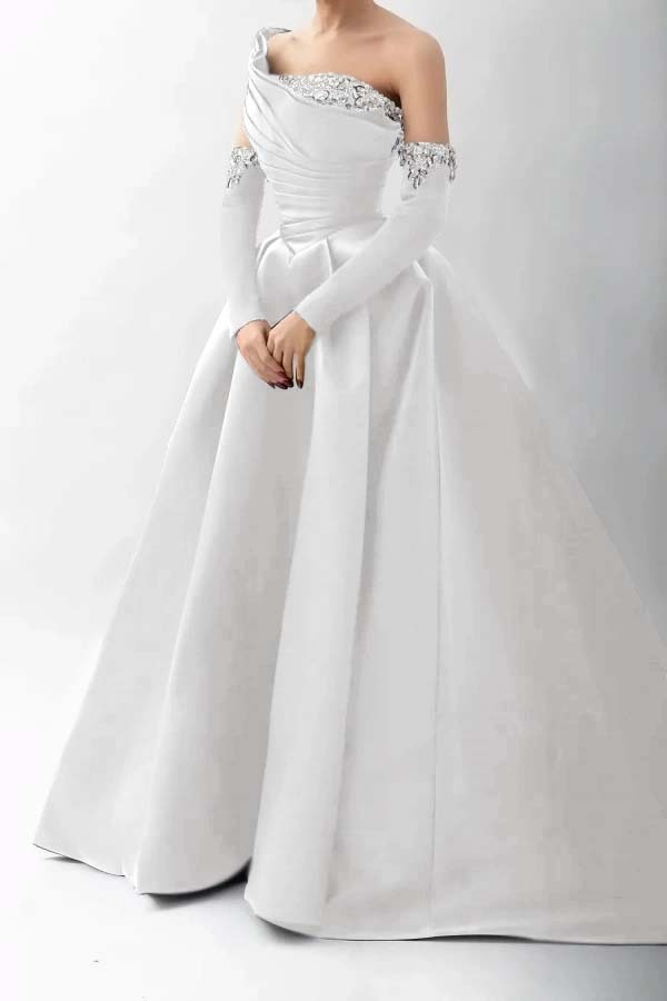 One Shoulder A Line Long Prom Dress With Beading Detachable sleeves