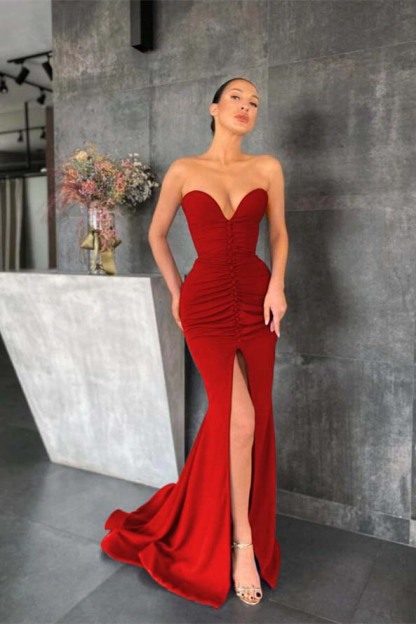 Sleeveless Strapless Long Mermaid Prom Dress With Pleated Split