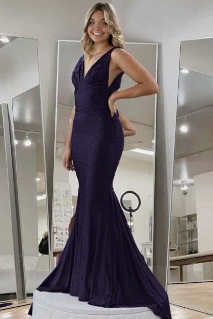 Halter Sleeveless Long Mermaid Prom Dress With Beading Pleated