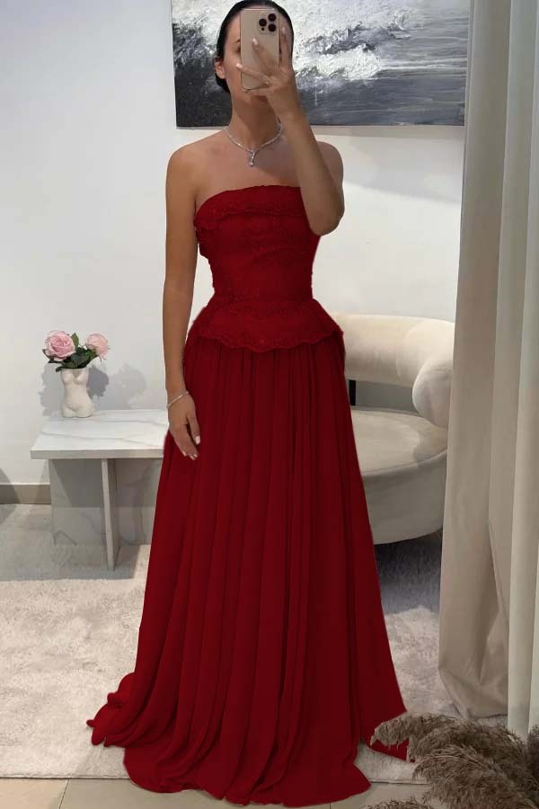 Chic Strapless Sleeveless Long Prom Dress With Pleated Beading