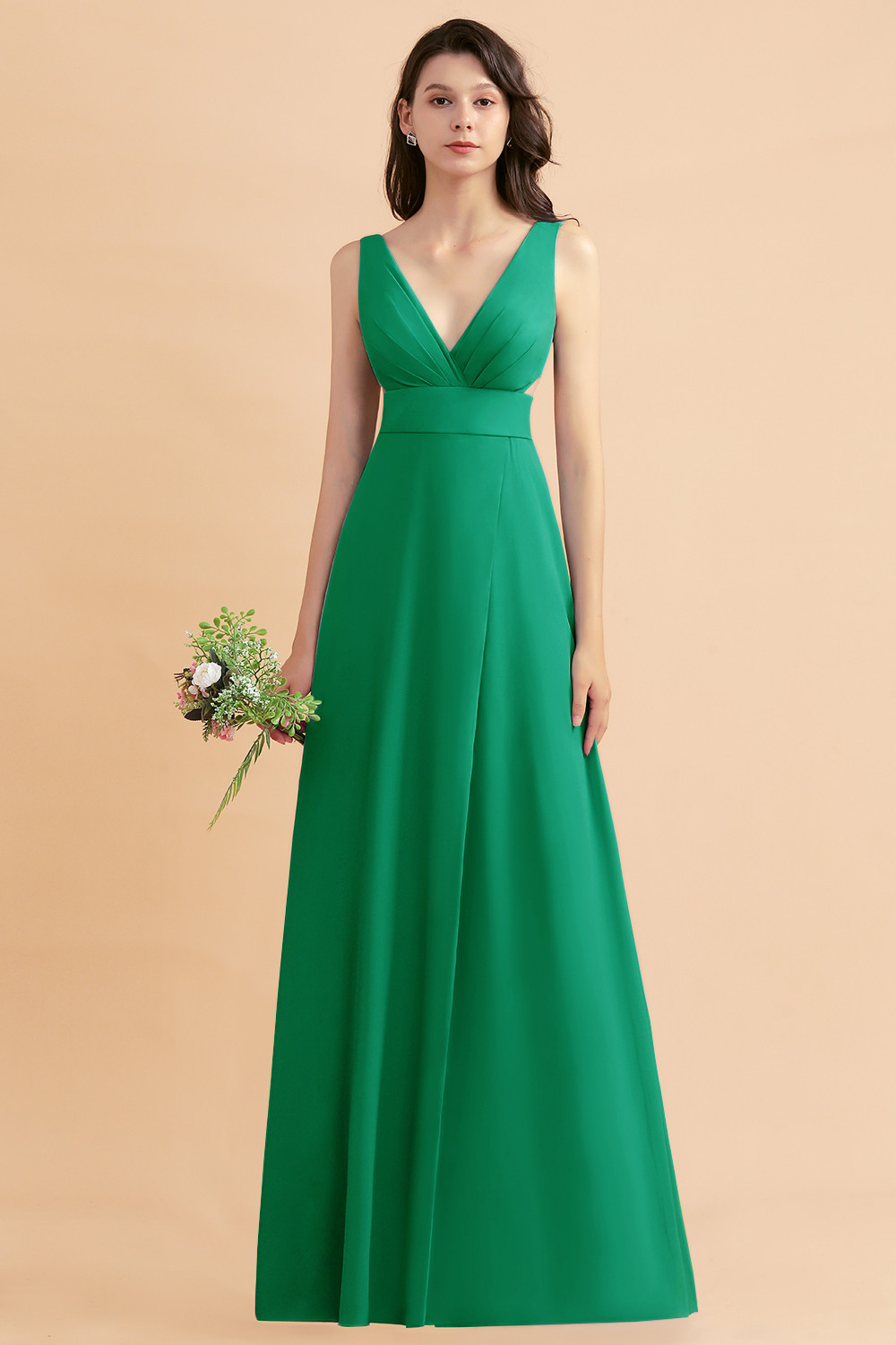 BMbridal A-Line Dusty Blue Chiffon Ruffles Bridesmaid Dress with Slit-BMbridal