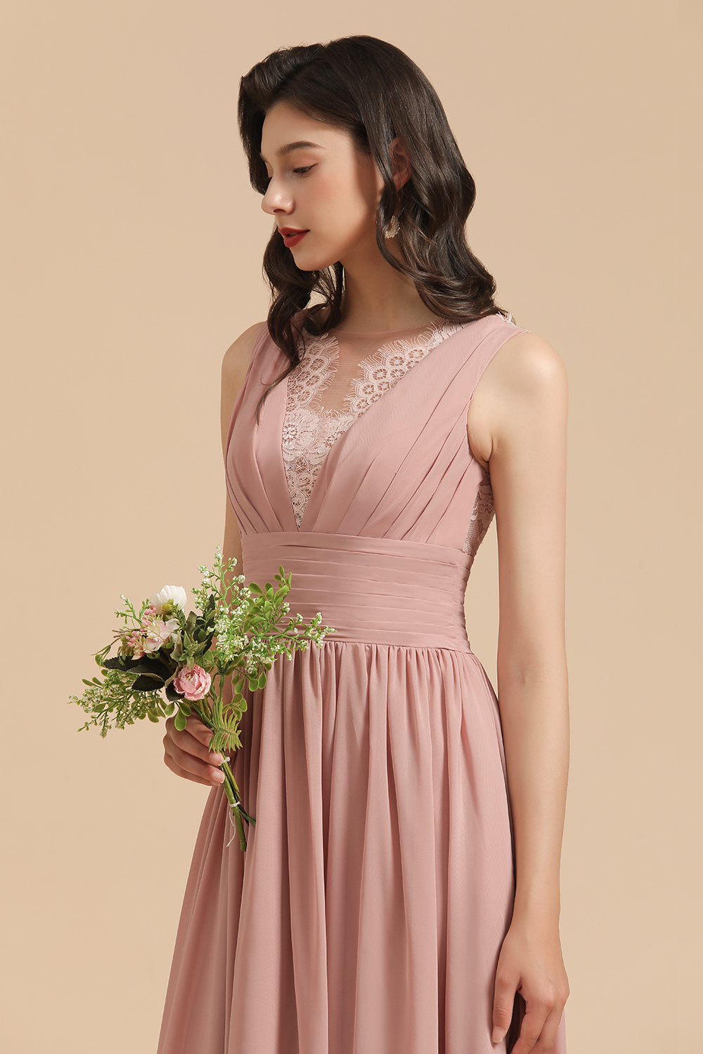 BMbridal Dusty Rose Chiffon V-Neck Bridesmaid Dress Long-BMbridal