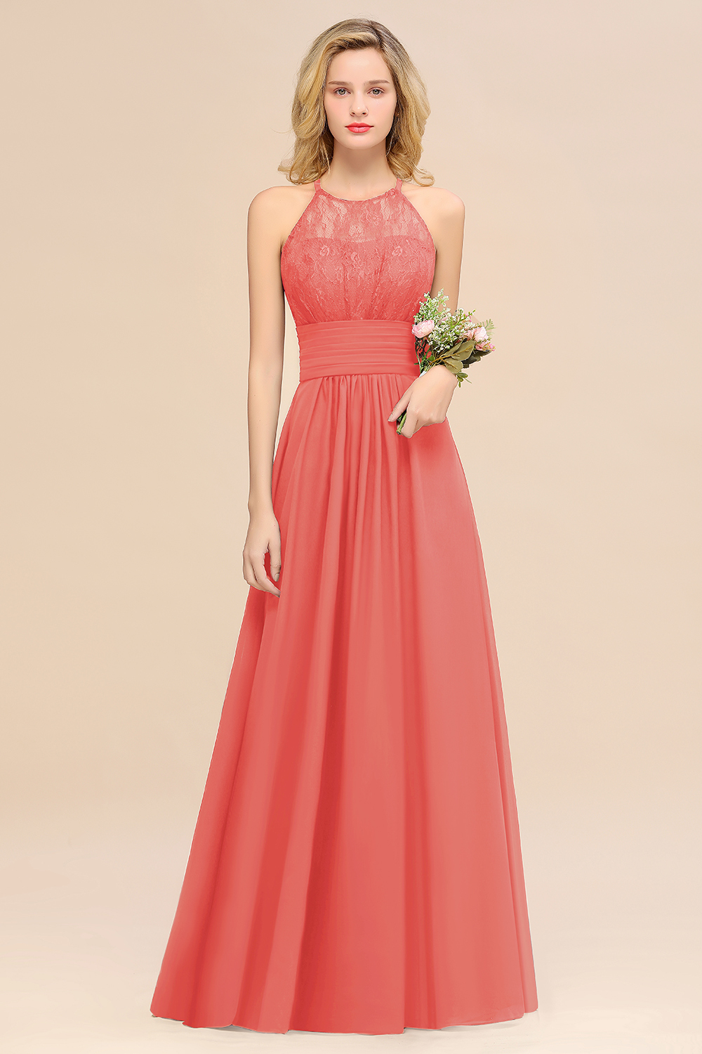 BMbridal Elegant Halter Ruffles Sleeveless Grape Lace Bridesmaid Dresses Affordable-BMbridal