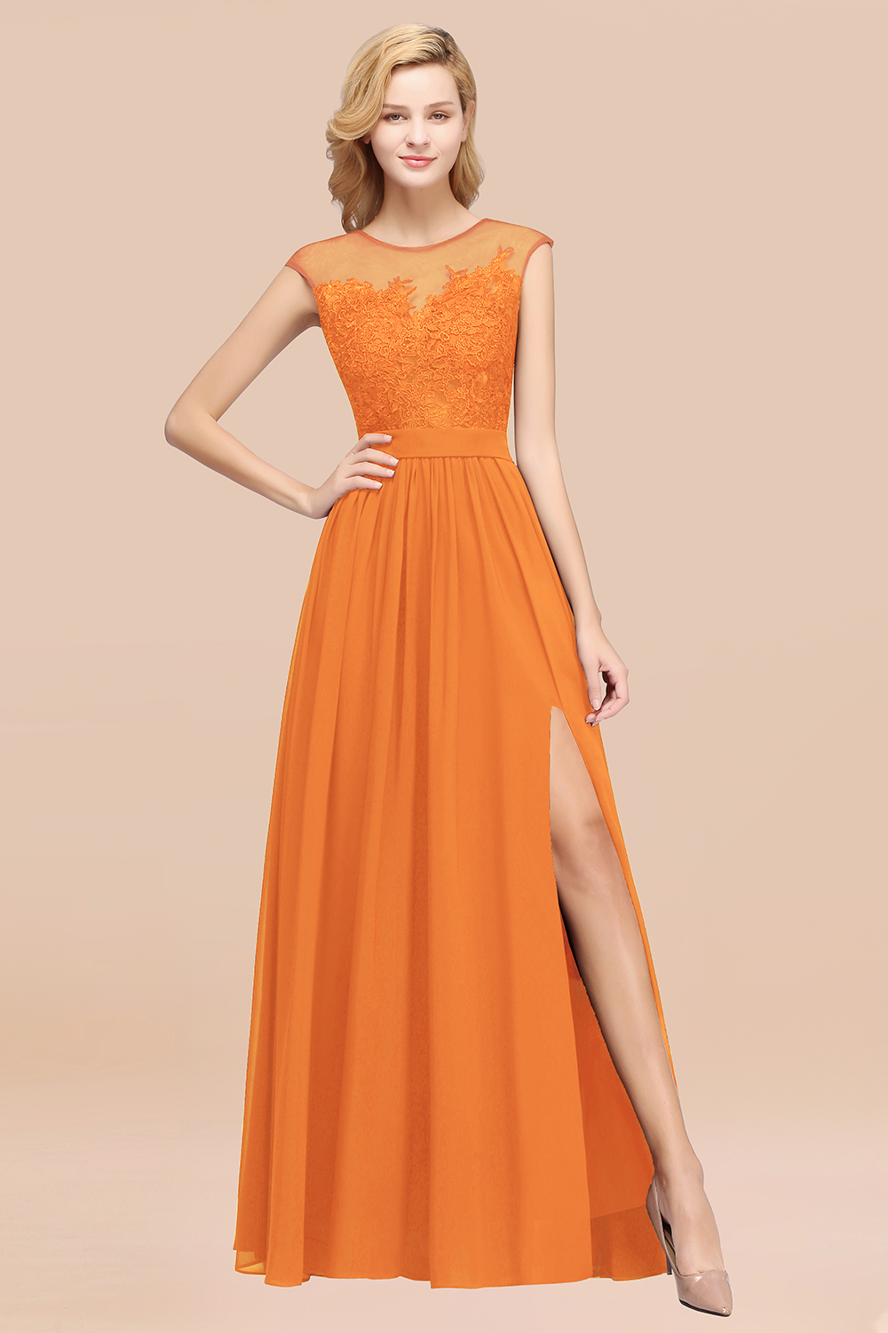 BMbridal Affordable Scoop Lace Appliques Yellow Bridesmaid Dresses with Slit-BMbridal