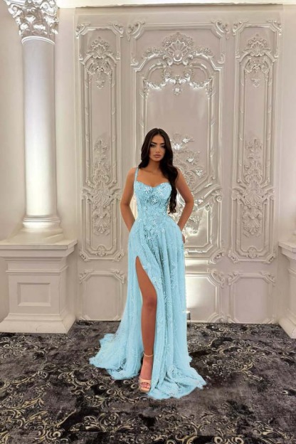 Straps Sleeveless Long Split Prom Dress With Pleated Appliques