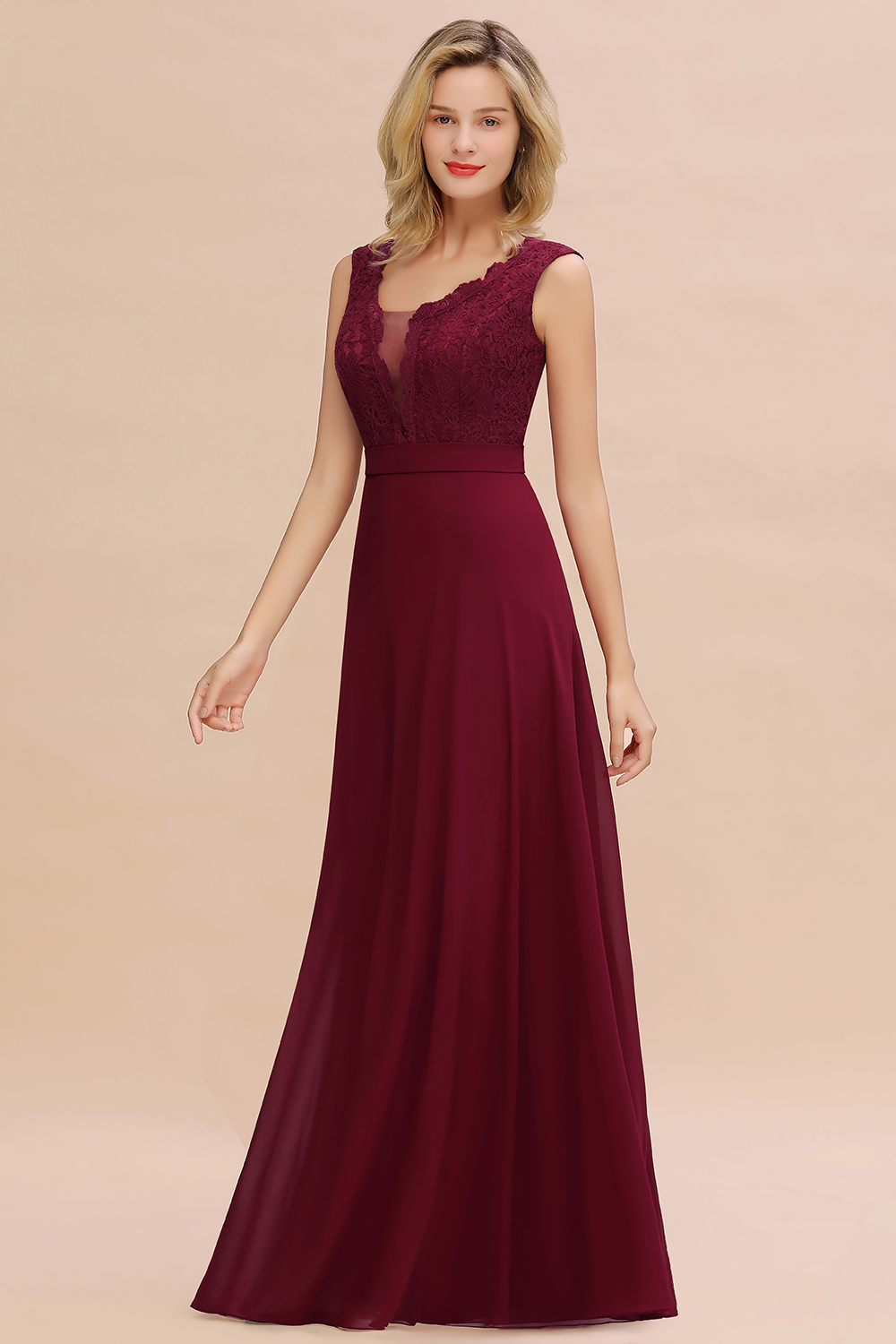 BMbridal Elegant Lace Deep V-Neck Burgundy Bridesmaid Dress Affordable-BMbridal