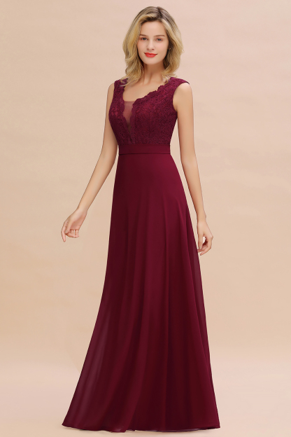 BMbridal Elegant Lace Deep V-Neck Burgundy Bridesmaid Dress Affordable-BMbridal