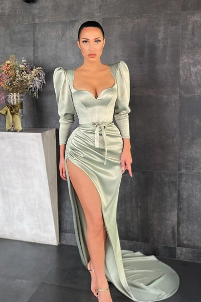 Glamorous Dusty Sage Long Sleeves Pleated Long Prom Dress Split With Belt