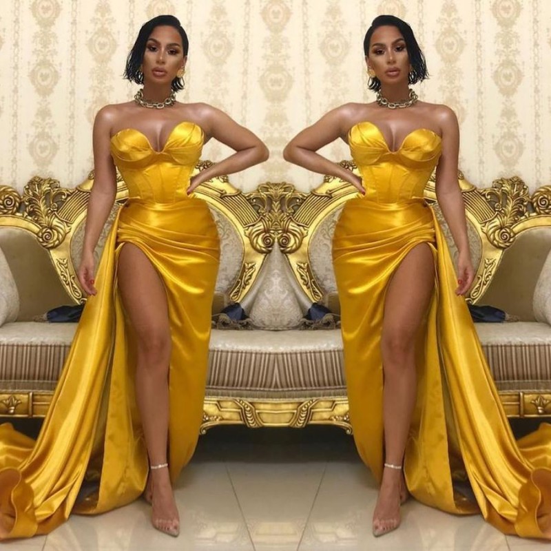 Long Sweetheart Sleeveless Strapless Pleated Long Prom Dress With High Split