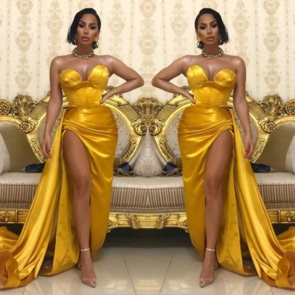 Long Sweetheart Sleeveless Strapless Pleated Long Prom Dress With High Split