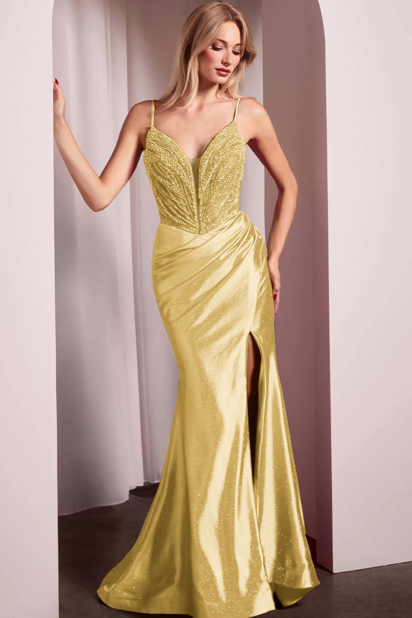 Spaghetti Strap Long Mermaid Prom Dress With Split Beading Pleated