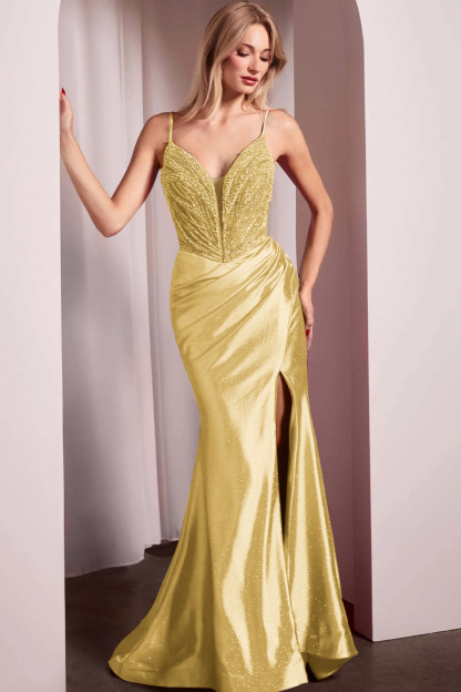 Spaghetti Strap Long Mermaid Prom Dress With Split Beading Pleated
