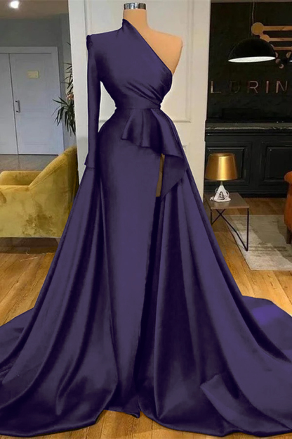 Mermaid Long Sleeve One Shoulder Dark Blue Long Prom Dress With High Split