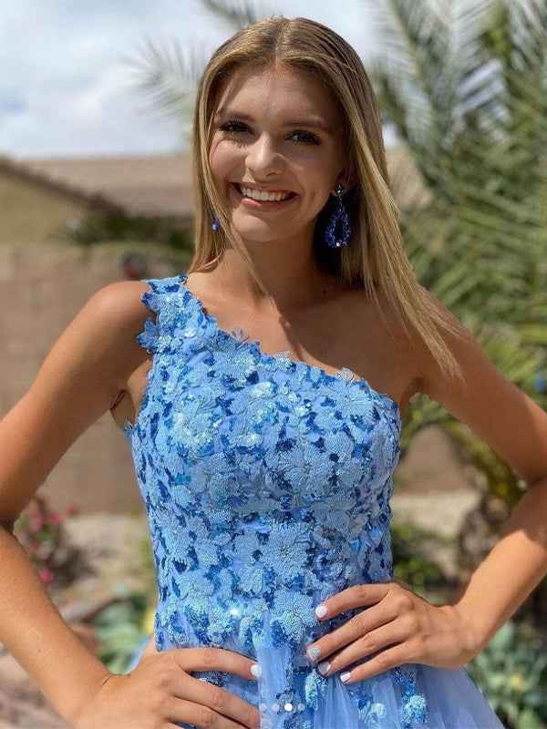 Blue A Line One Shoulder Tulle Long Prom Dress with Appliques
