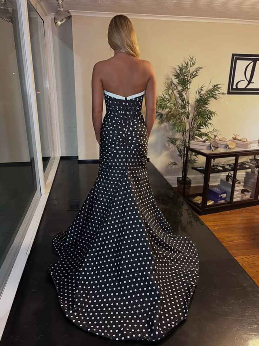 Black and White Polka Dot Bow Strapless Prom Dress with High Slit