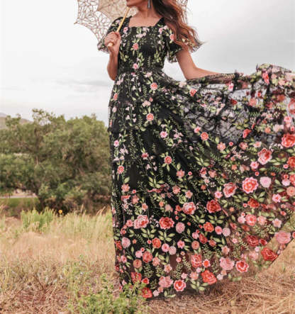 V-Neck Floral A-Line Princess Party Dresses With Short Sleeves