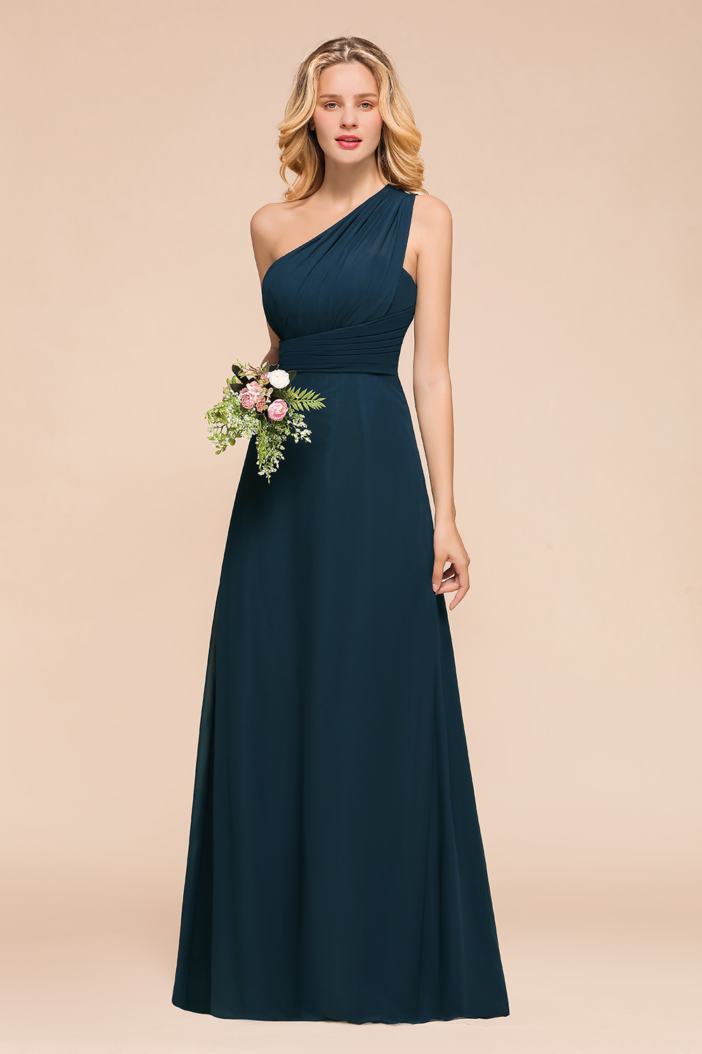 BMbridal Chic One Shoulder Navy Chiffon Bridesmaid Dresses with Ruffle-BMbridal