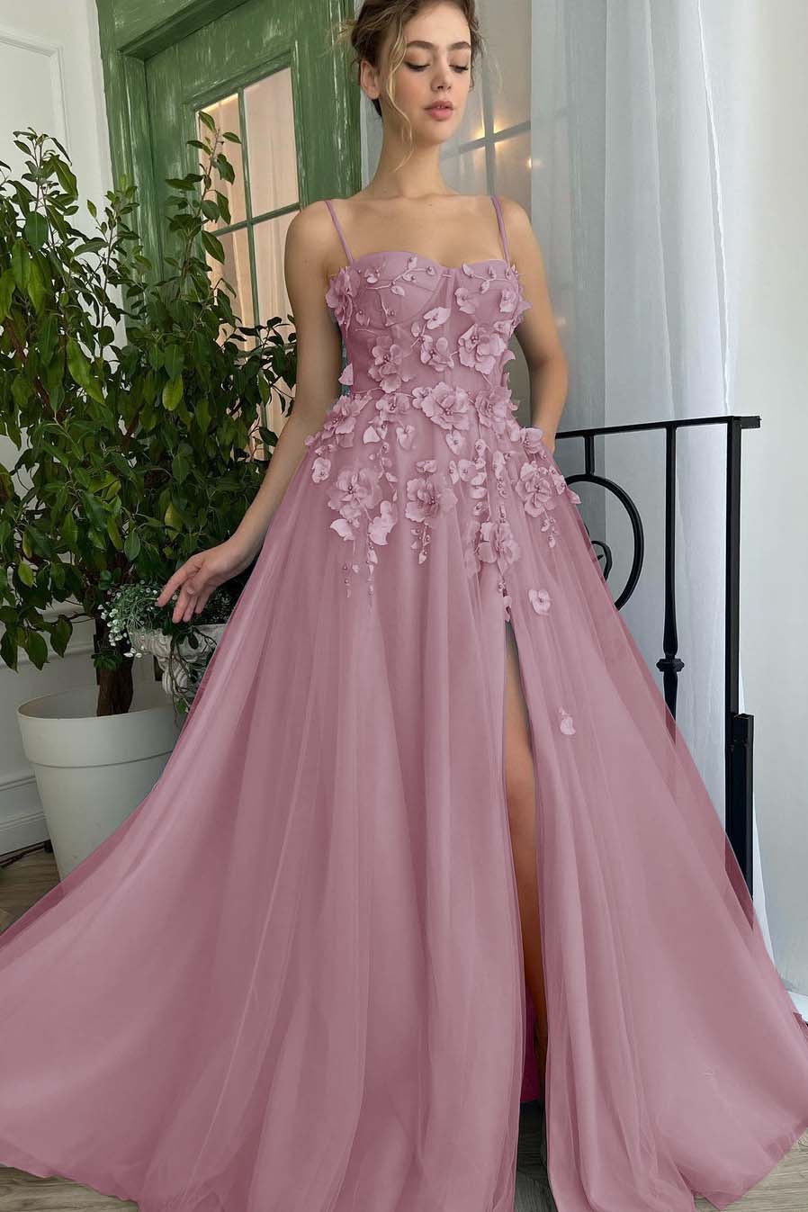 Baby Blue Sweetheart Flowers Appliques Spaghetti Strap Prom Dress With Split