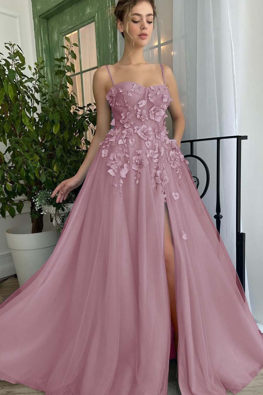 Baby Blue Sweetheart Flowers Appliques Spaghetti Strap Prom Dress With Split