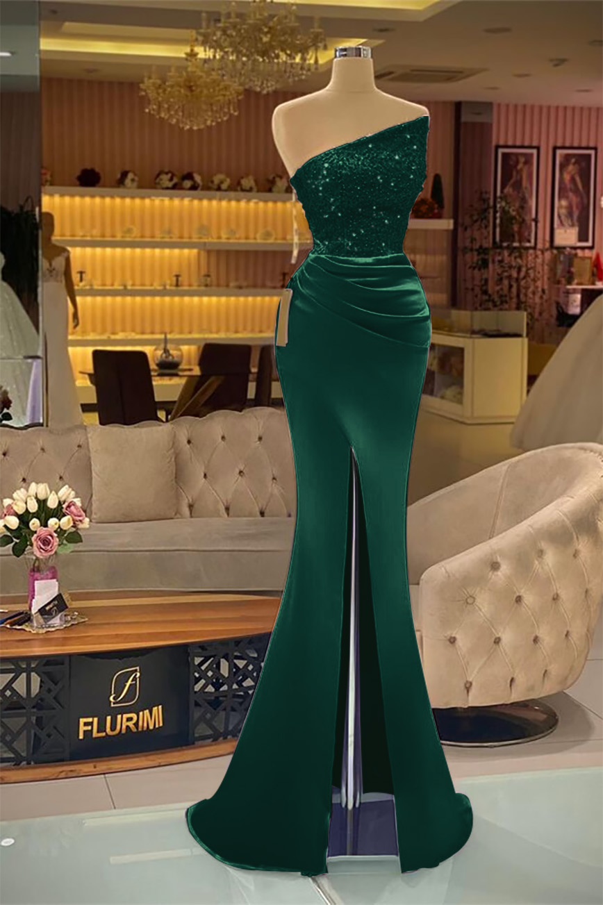 Sleeveless Strapless Mermaid Prom Dress Long Split With Sequins