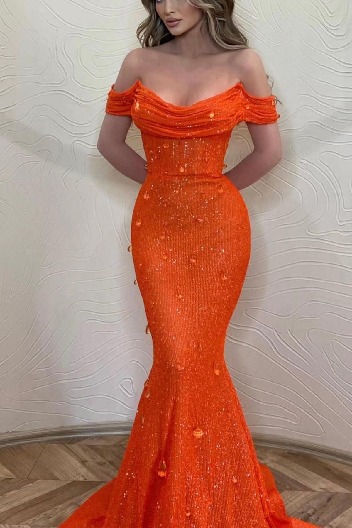 Orange Off the Shoulder Strapless Sleeveless Prom Dress With Sequins Mermaid