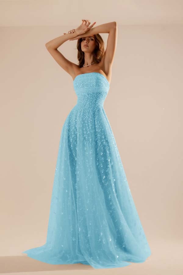 Charming Tulle Strapless Sleeveless Long Prom Dress With Beading