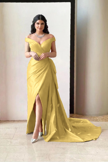 Amazing Fuchsia Off the Shoulder V Neck Split Prom Dress With Pleated