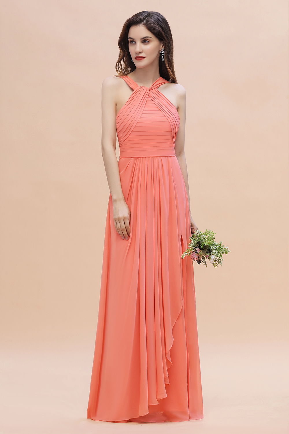 BMbridal Gorgeous A-Line Sleeveless Coral Chiffon Bridesmaid Dress with Ruffles On Sale-BMbridal