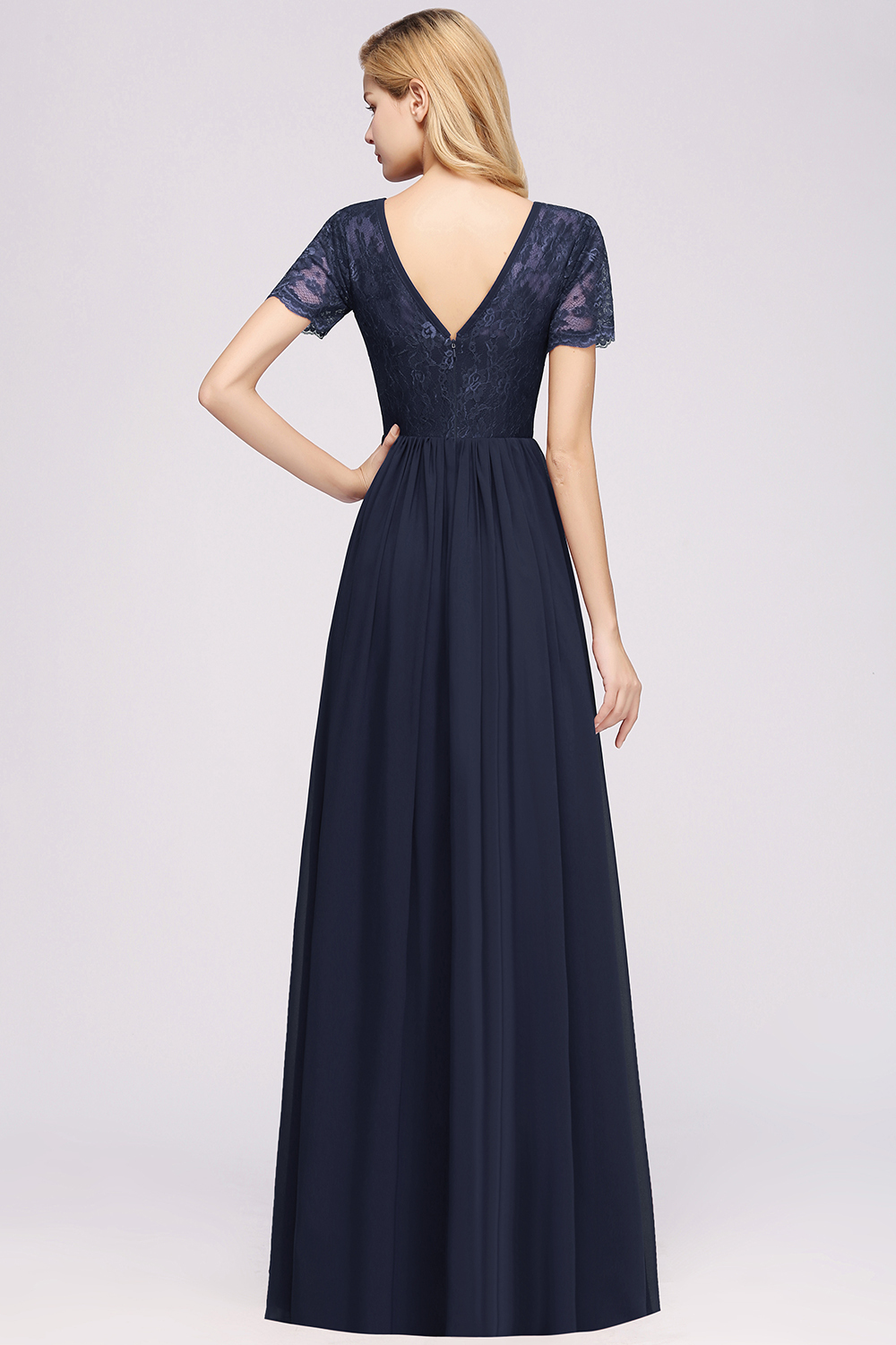 BMbridal Elegant Dark Navy Long Lace Bridesmaid Dresses with Short-Sleeves-BMbridal