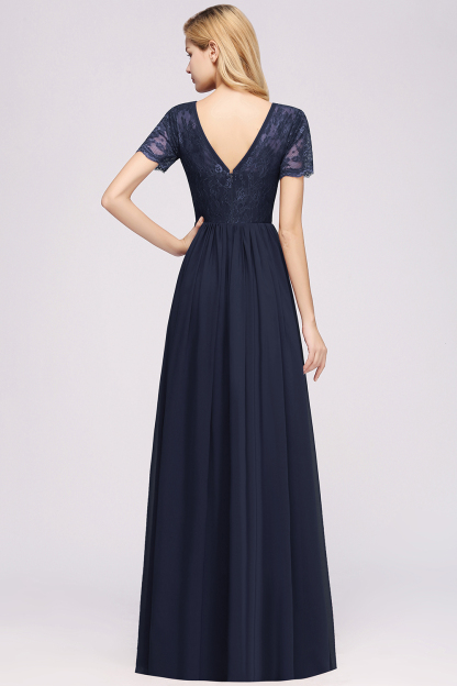 BMbridal Elegant Dark Navy Long Lace Bridesmaid Dresses with Short-Sleeves-BMbridal