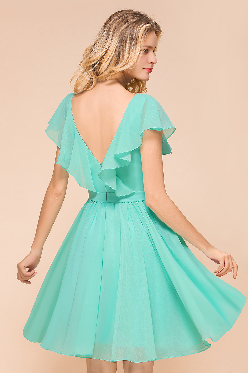 BMbridal Chic V-Neck Ruffle Chiffon Short Affordable Bridesmaid Dresses Online-BMbridal