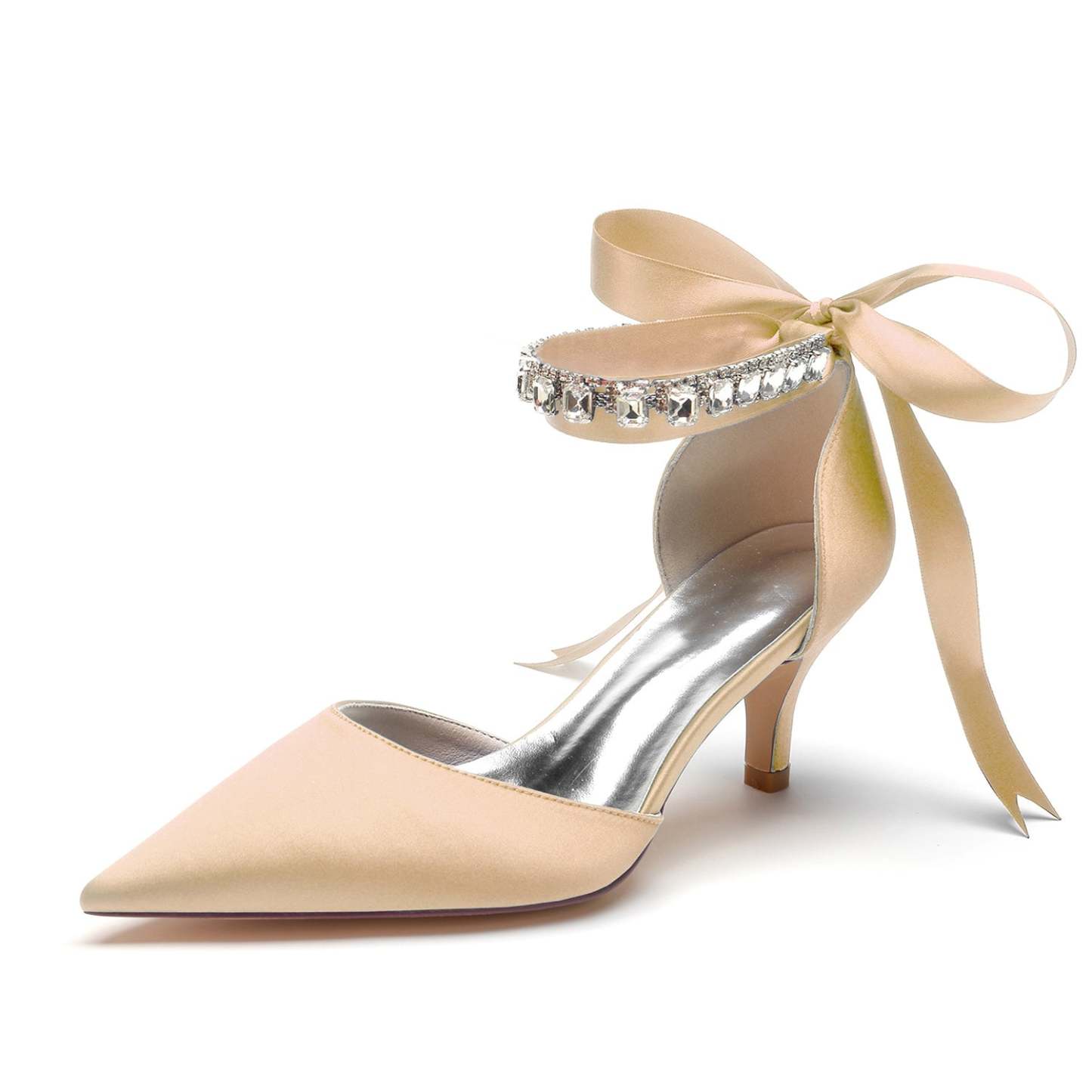 Bridal Shoes for Women with Rhinestone Bow Buckle Pointed Toe and Mid Heel