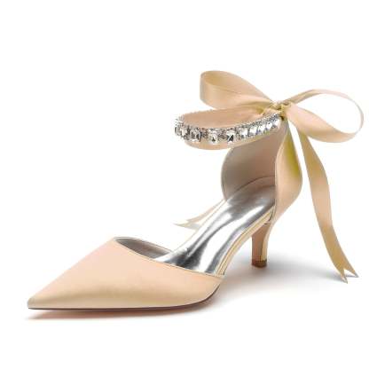 Bridal Shoes for Women with Rhinestone Bow Buckle Pointed Toe and Mid Heel