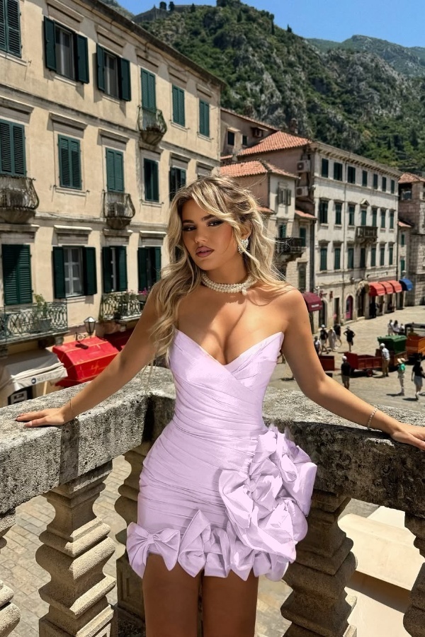 Strapless V Neck Sleeveless Short Prom Dress With Pleated Bowknot