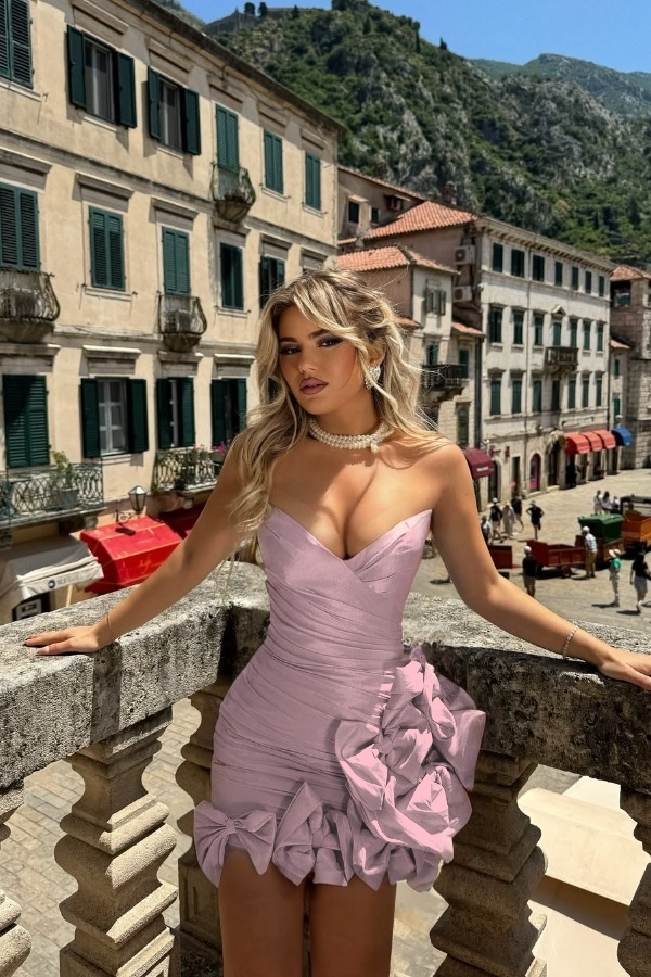 Strapless V Neck Sleeveless Short Prom Dress With Pleated Bowknot