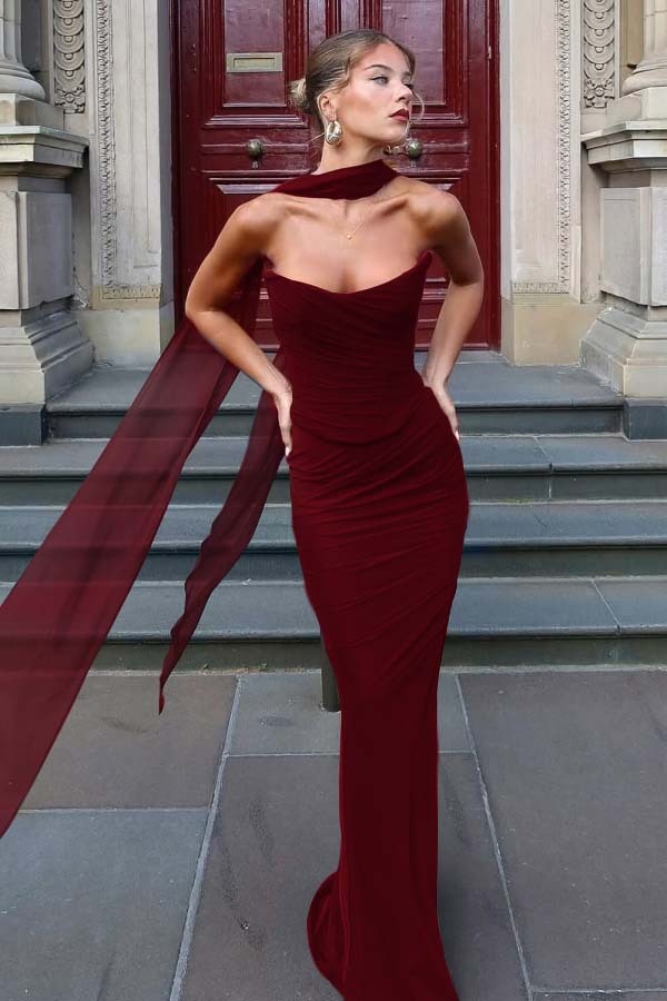 Chiffon Strapless Sleeveless Long Mermaid Prom Dress With Pleated