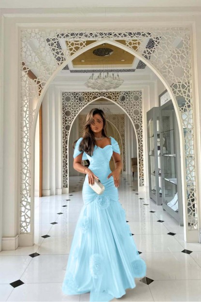 Sweetheart Short Sleeves Long Mermaid Prom Dress With Pleated