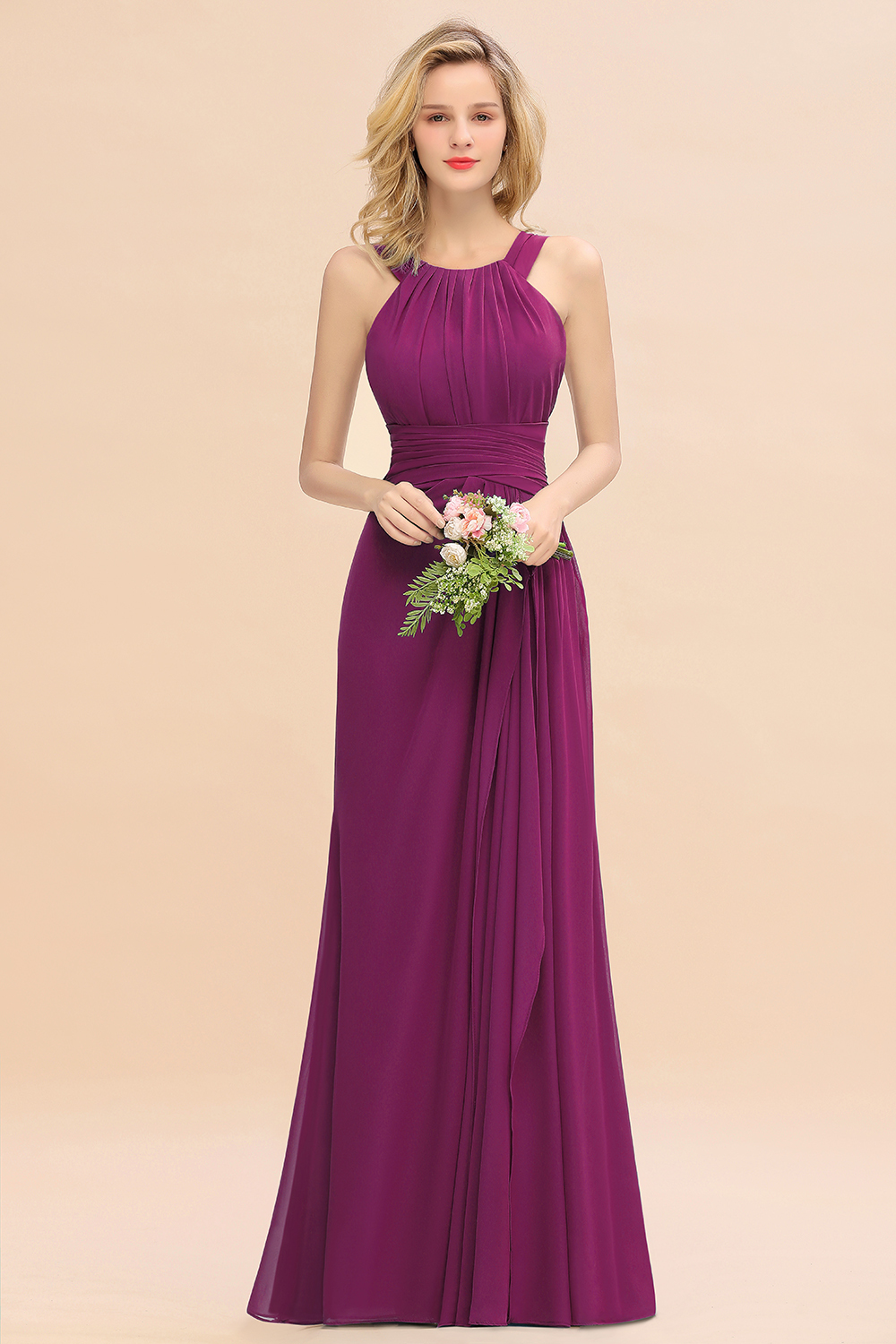 BMbridal Elegant Round Neck Sleeveless Bridesmaid Dress with Ruffles-BMbridal